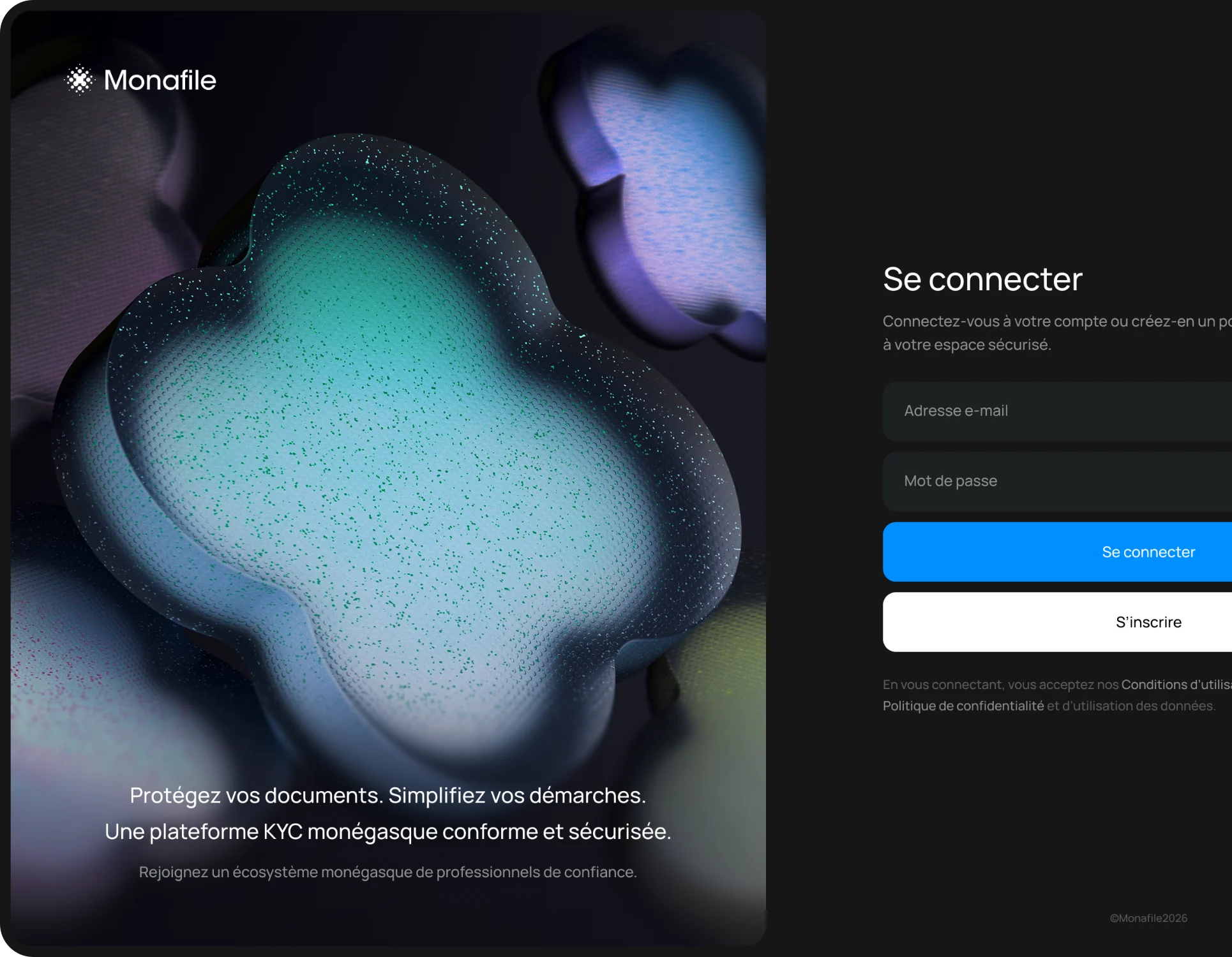 Écran de connexion de la plateforme Monafile